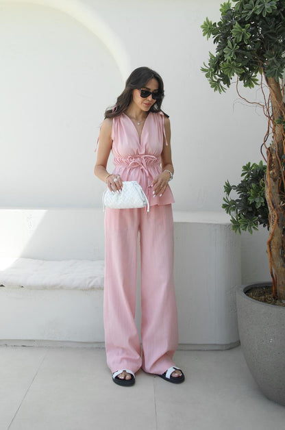 PEMBE LASTIK DETAYLI BLUZ PANTOLON TAKIM