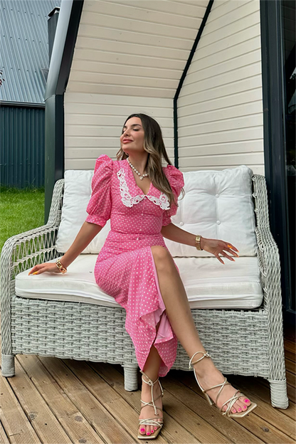Pembe puantiyeli bebe yaka midi elbise