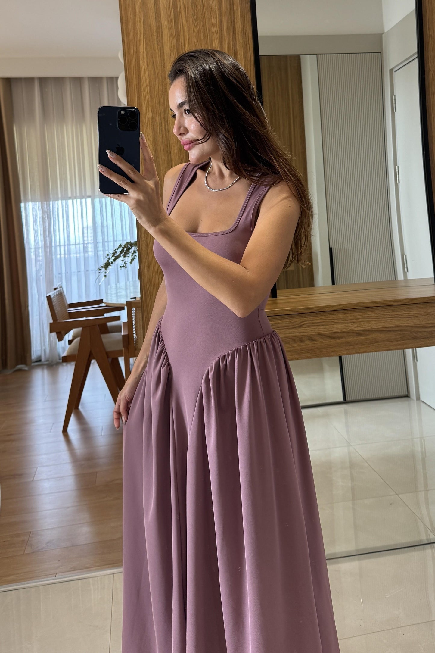 Perast Gül Kurusu Belden Oturtmalı Maxi Modal Elbise