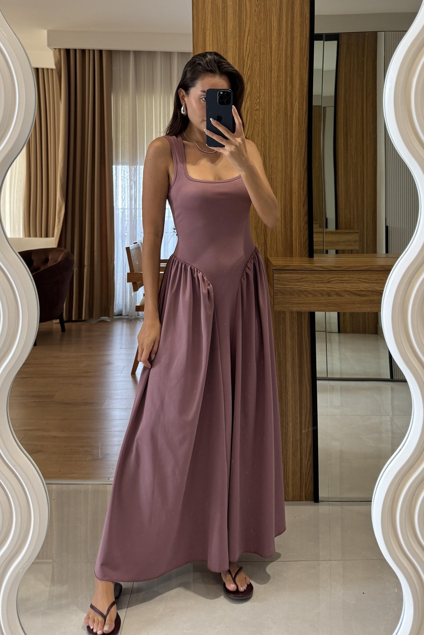 Perast Gül Kurusu Belden Oturtmalı Maxi Modal Elbise