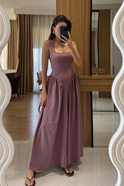 Perast Gül Kurusu Belden Oturtmalı Maxi Modal Elbise