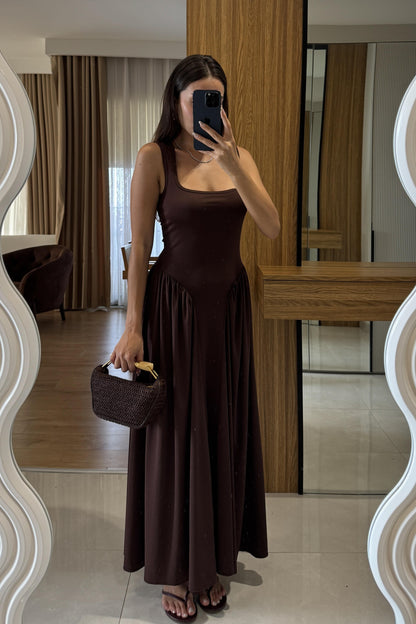 Perast Kahve Belden Oturtmalı Maxi Modal Elbise