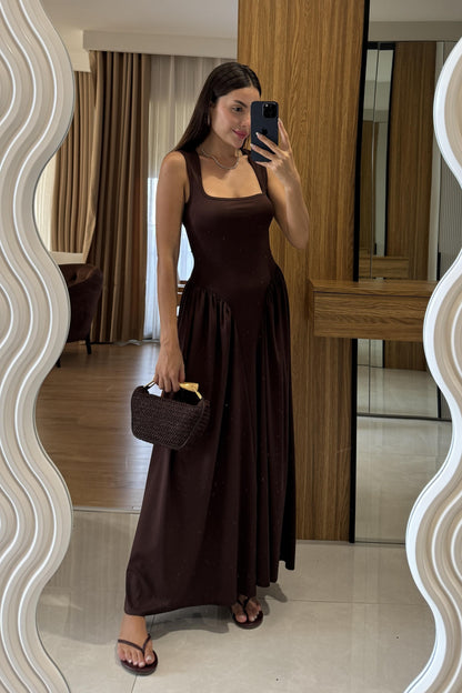 Perast Kahve Belden Oturtmalı Maxi Modal Elbise
