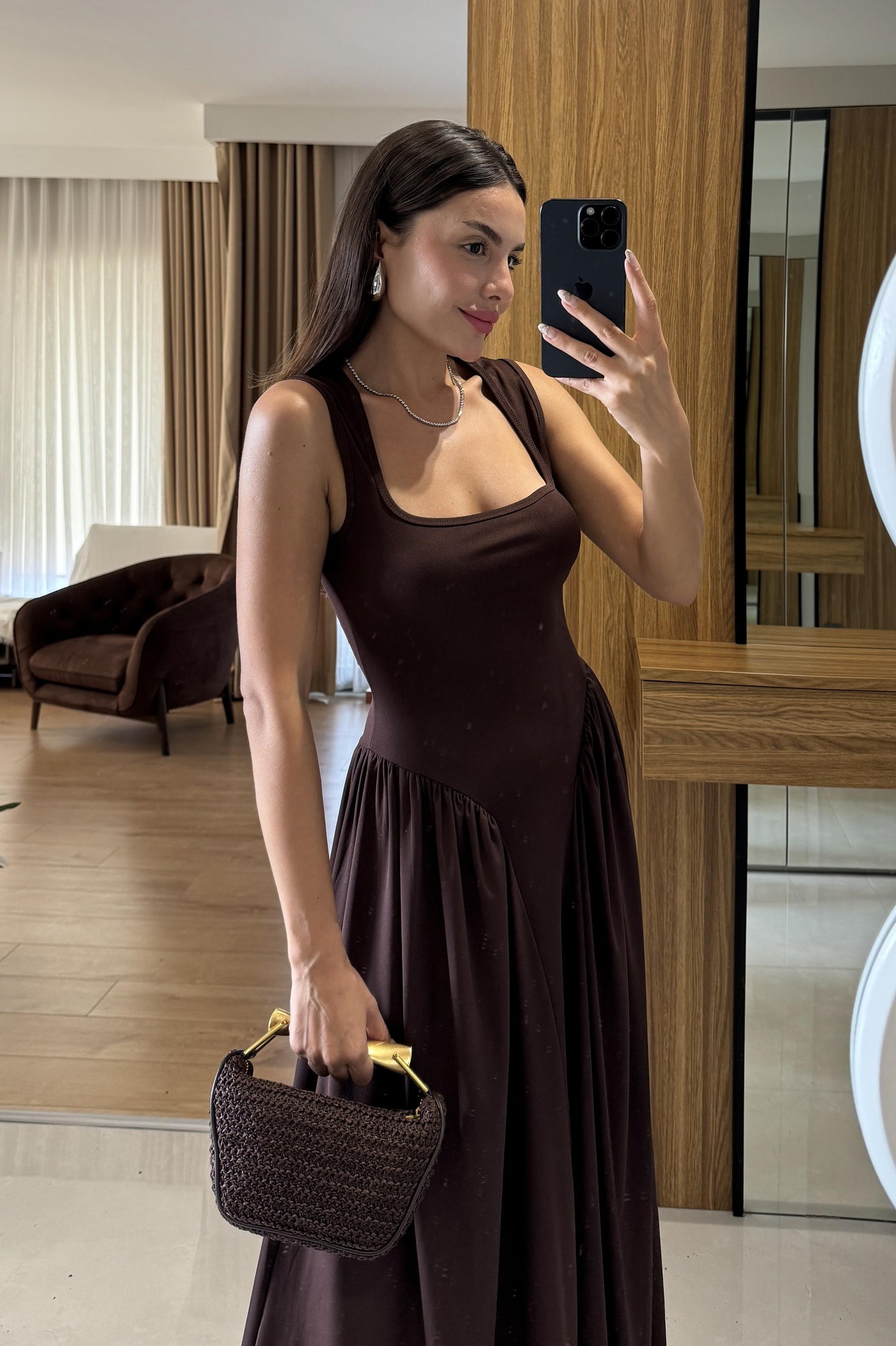 Perast Kahve Belden Oturtmalı Maxi Modal Elbise