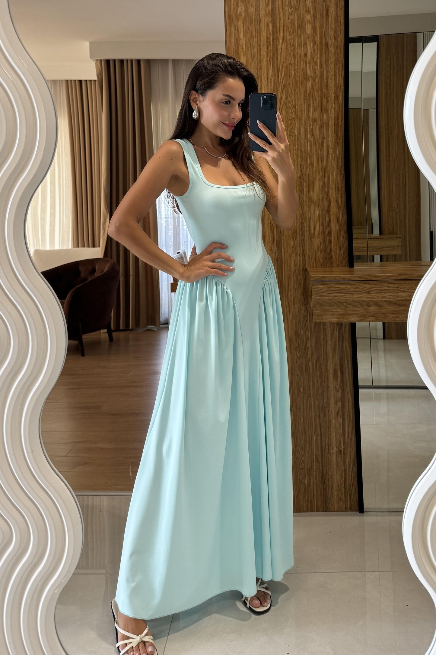 Perast Mavi Belden Oturtmalı Maxi Modal Elbise