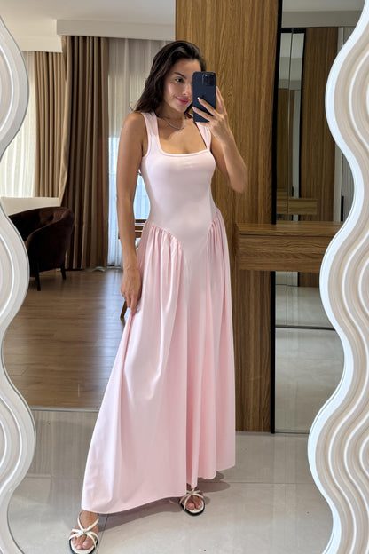 Perast Pembe Belden Oturtmalı Maxi Modal Elbise