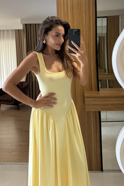 Perast Sarı Belden Oturtmalı Maxi Modal Elbise