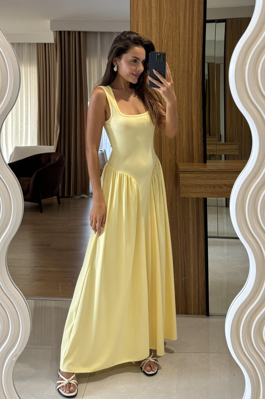 Perast Sarı Belden Oturtmalı Maxi Modal Elbise