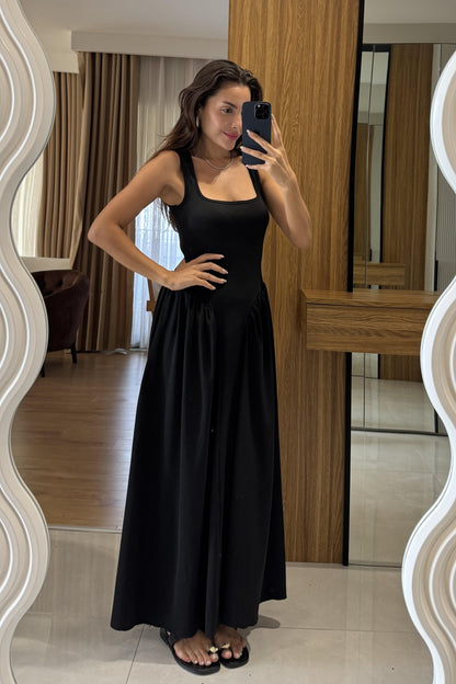 Perast Siyah Belden Oturtmalı Maxi Modal Elbise