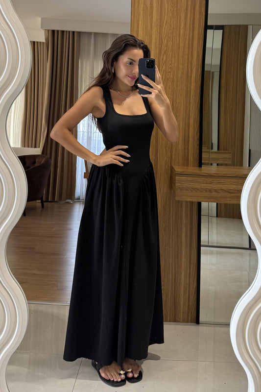 Perast Siyah Belden Oturtmalı Maxi Modal Elbise