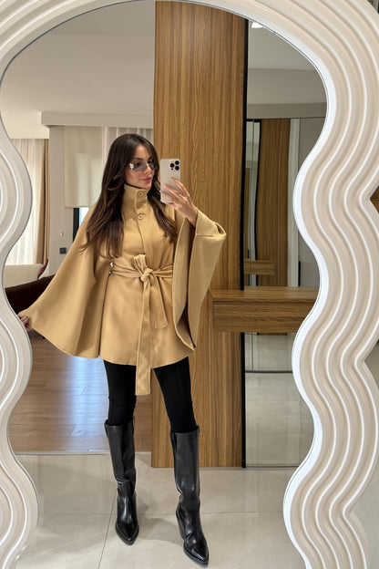 Perolas Camel Kemer Detaylı Kaşe Panço