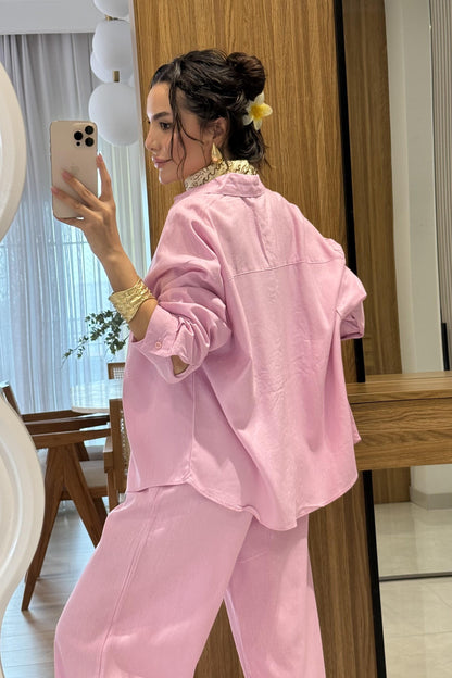 Peru Pembe Ham Keten Gömlek Pantolon Takım