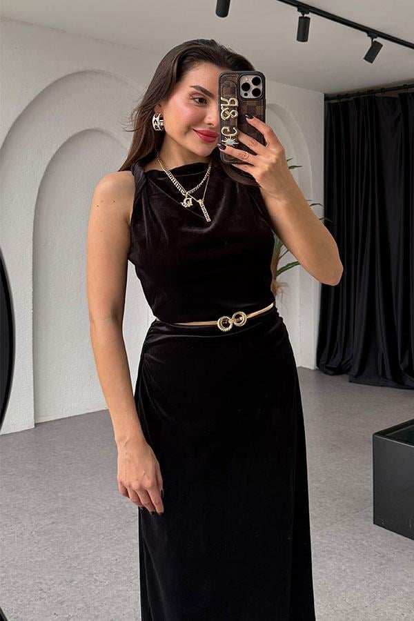 Philp Drapeli Kadife Siyah Elbise