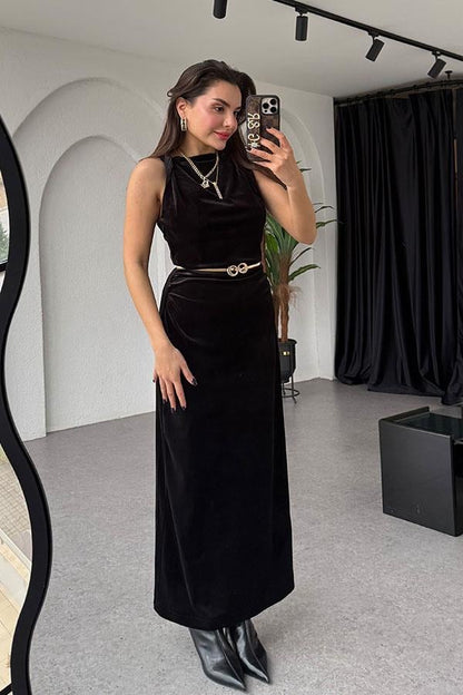 Philp Drapeli Kadife Siyah Elbise