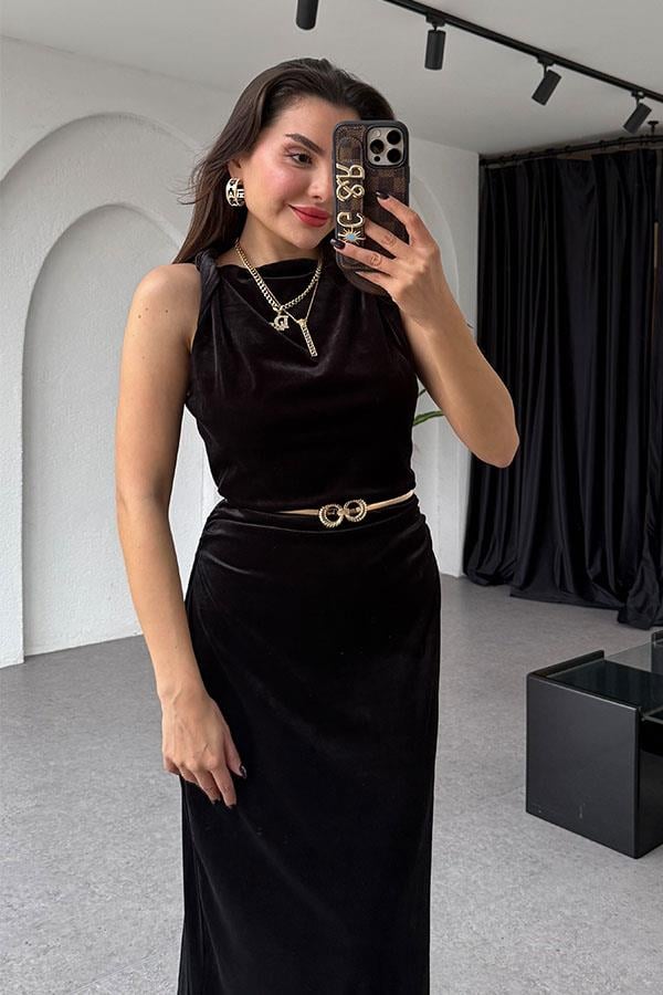 Philp Drapeli Kadife Siyah Elbise