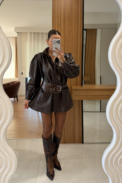 Picasso Kahve Balon Kol Deri Ceket