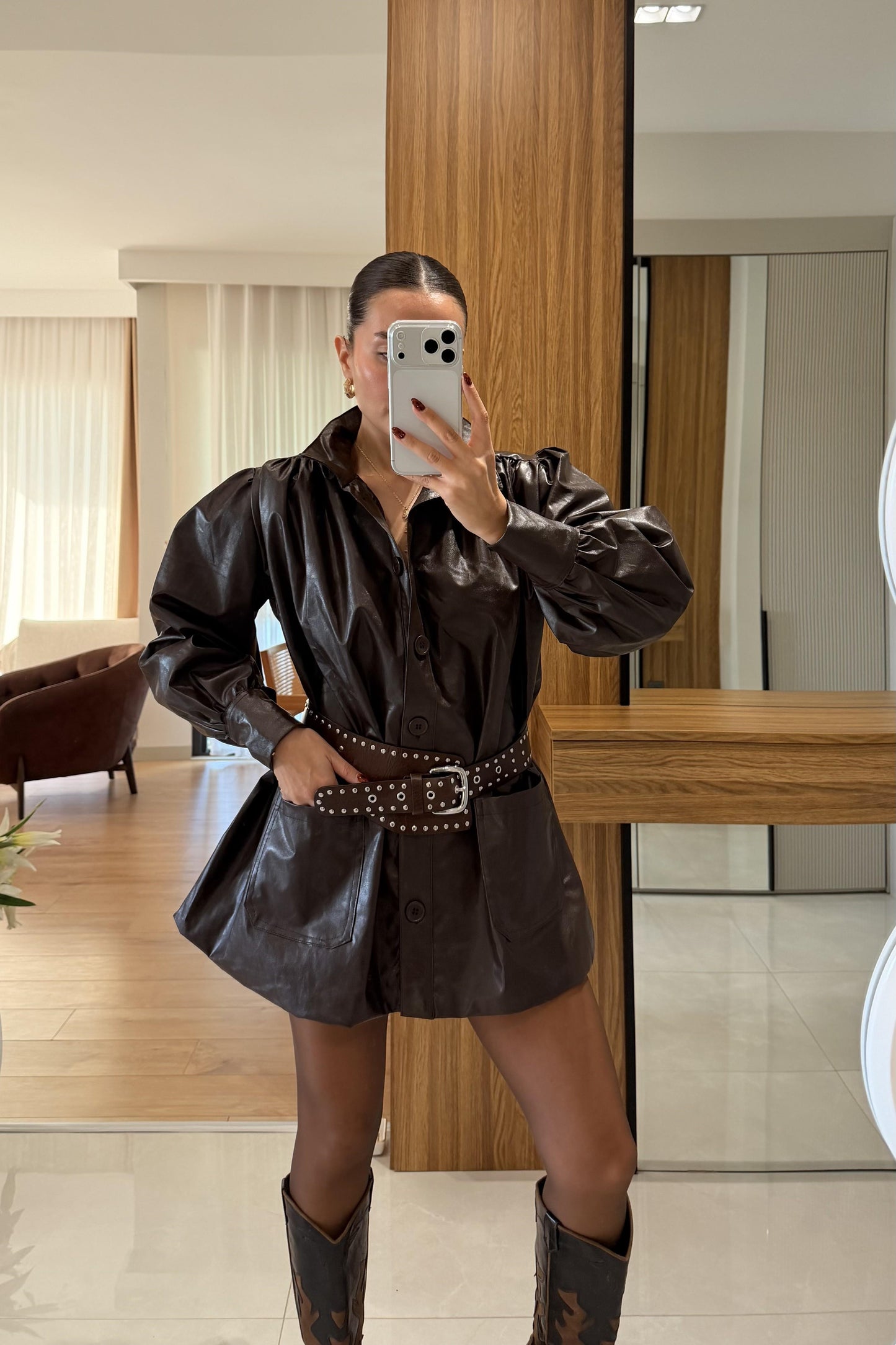 Picasso Kahve Balon Kol Deri Ceket