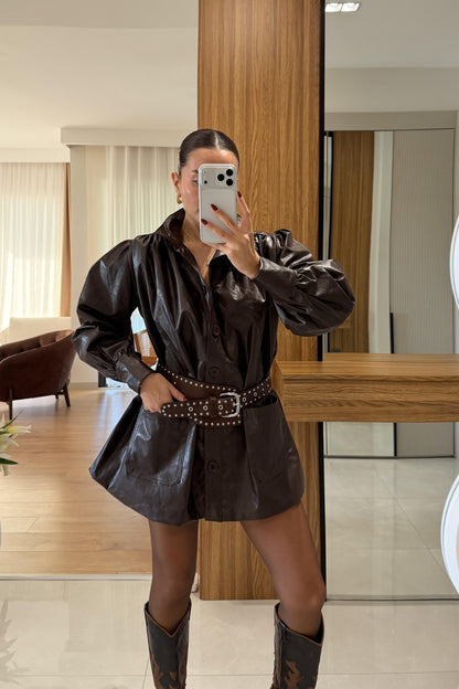 Picasso Kahve Balon Kol Deri Ceket