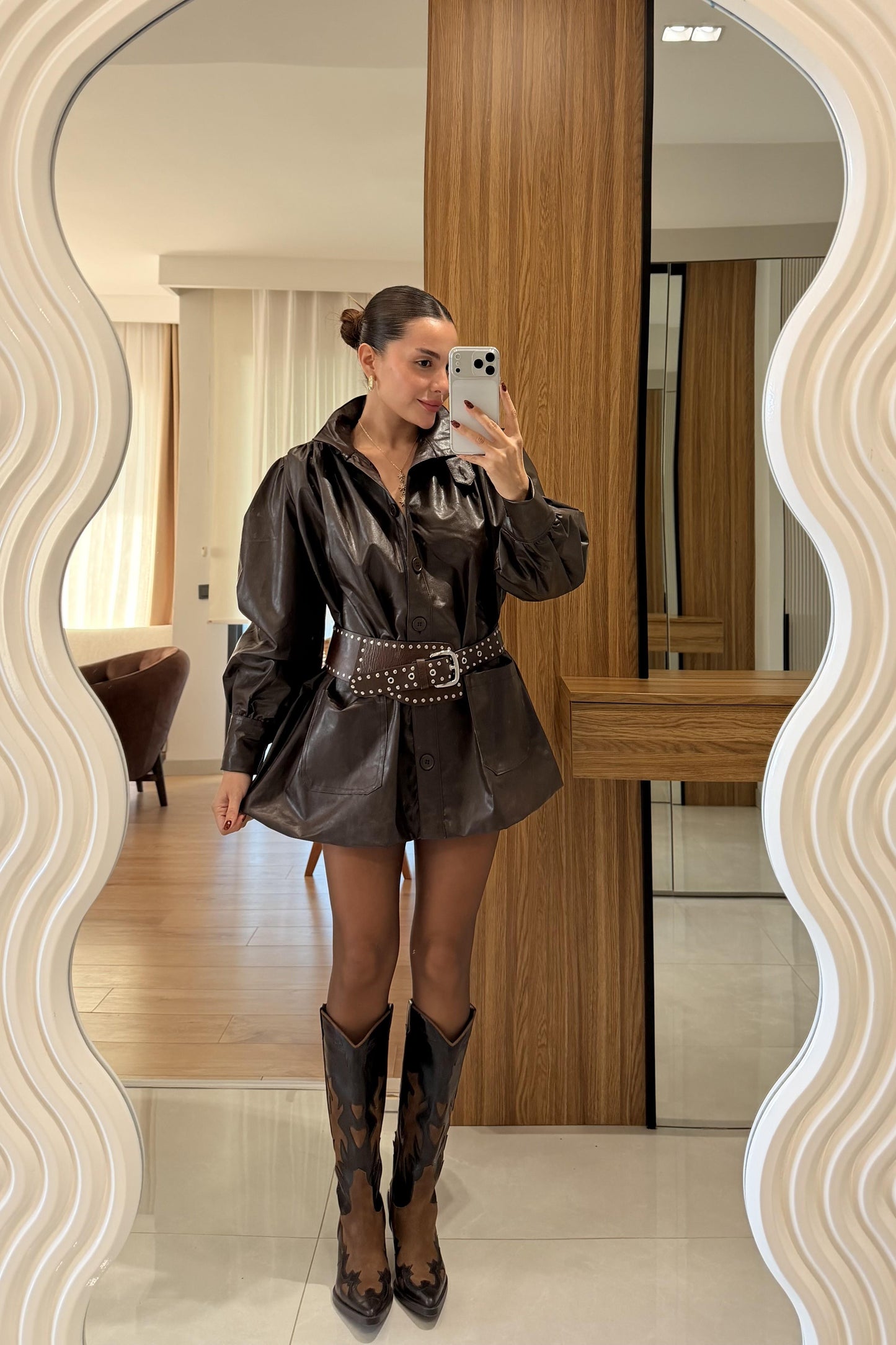 Picasso Kahve Balon Kol Deri Ceket