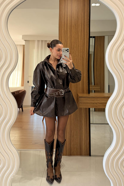 Picasso Kahve Balon Kol Deri Ceket