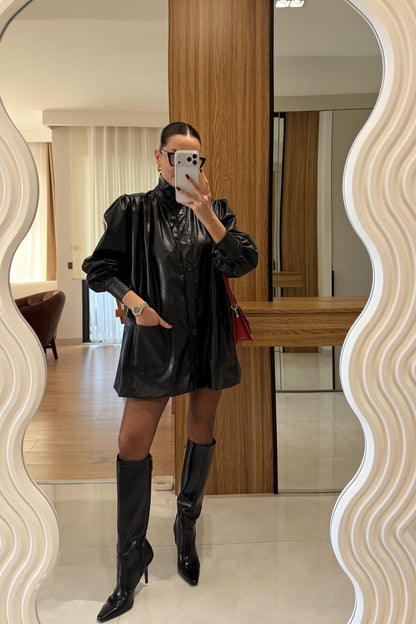 Picasso Siyah Balon Kol Deri Ceket