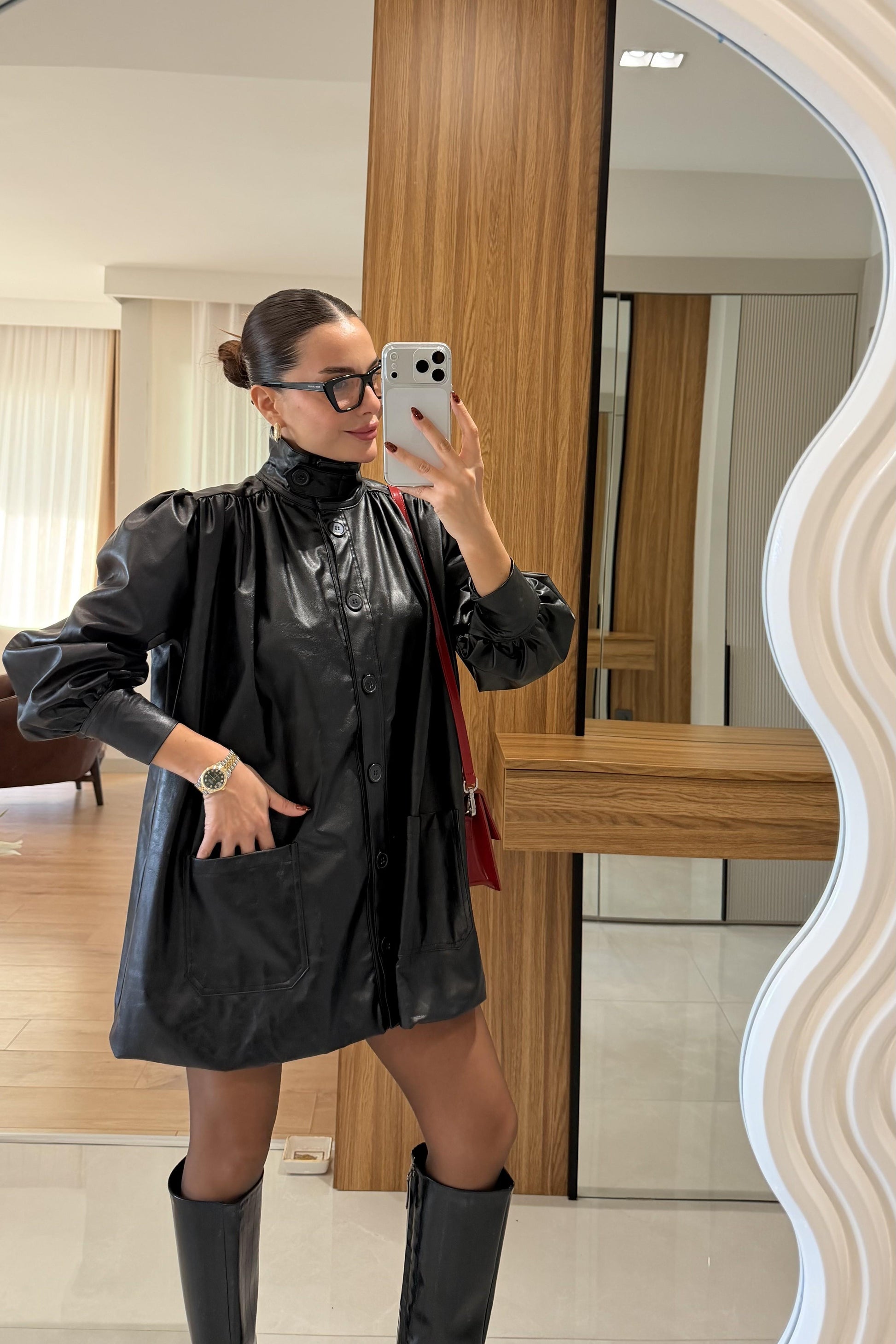 Picasso Siyah Balon Kol Deri Ceket