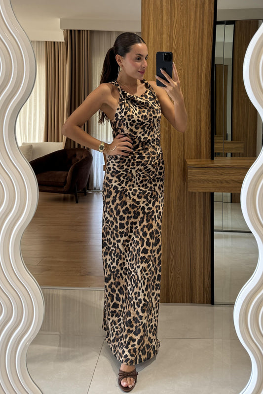 Pieta Leopar Saten Maxi Elbise