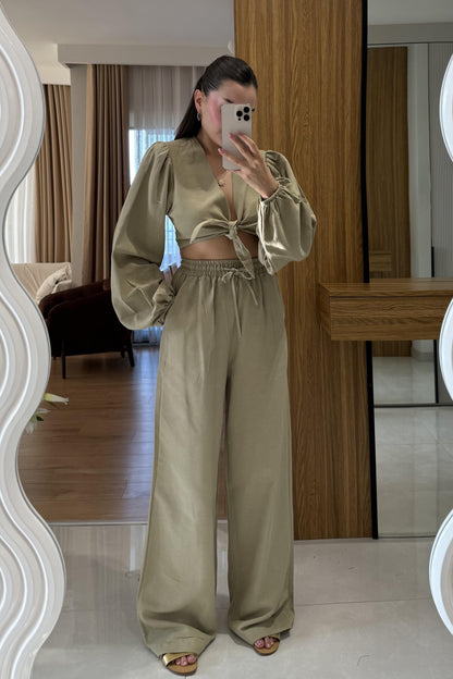 Pietro Haki Bağlamalı Keten Takım