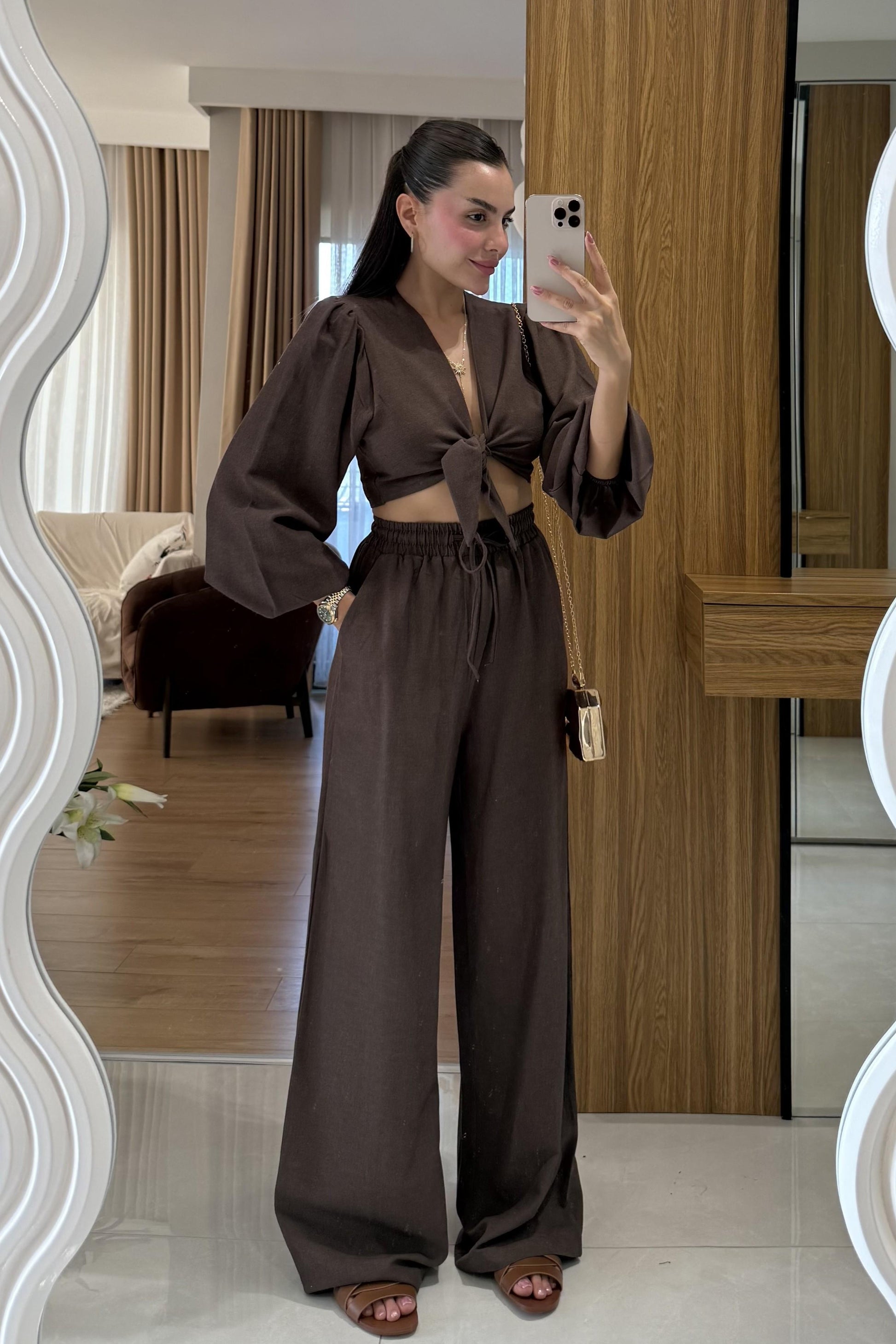 Pietro Kahve Bağlamalı Keten Takım