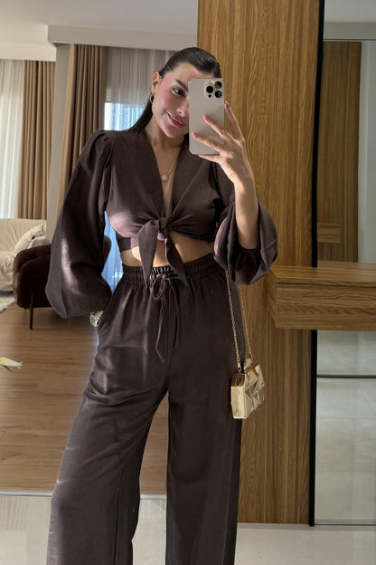 Pietro Kahve Bağlamalı Keten Takım