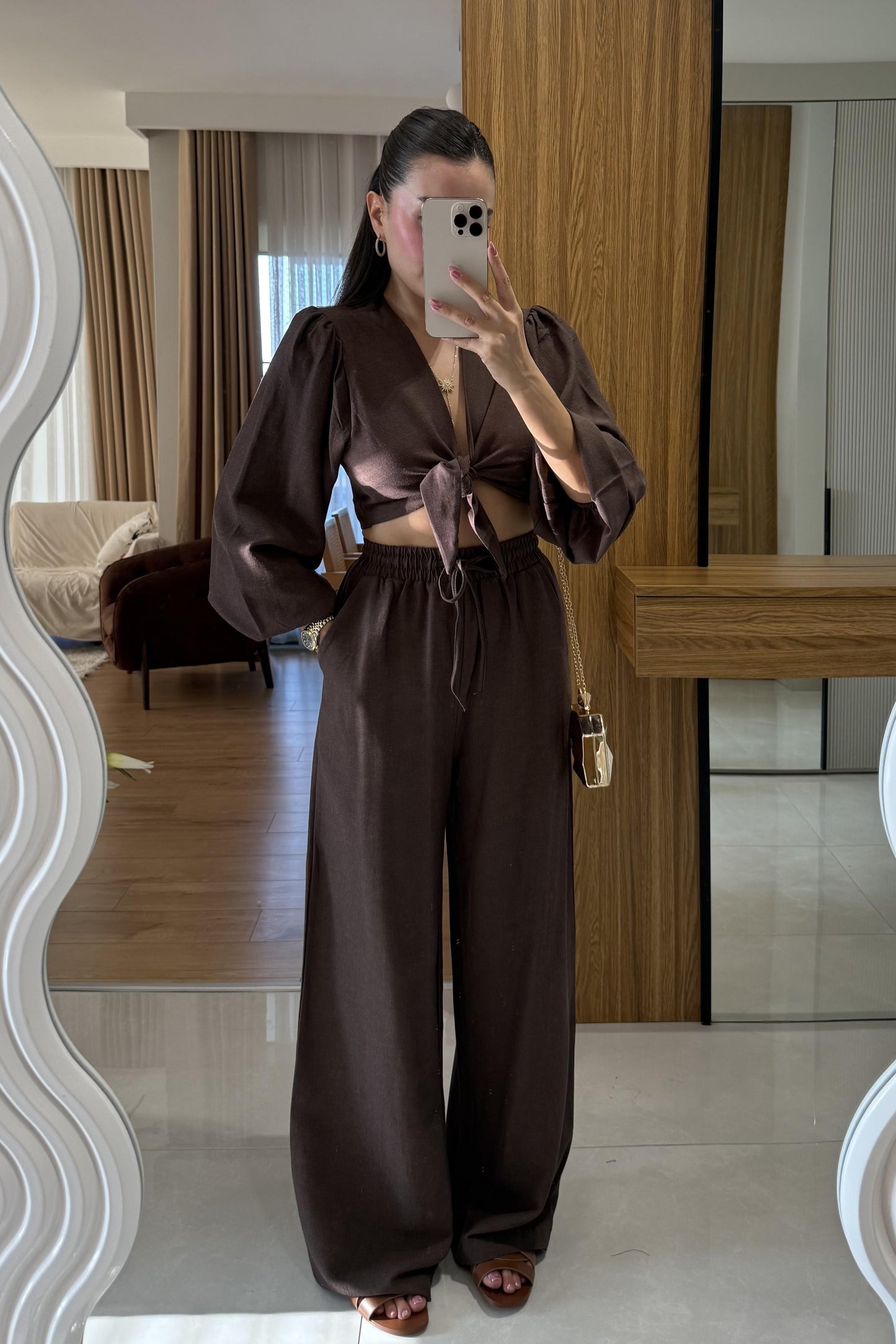 Pietro Kahve Bağlamalı Keten Takım