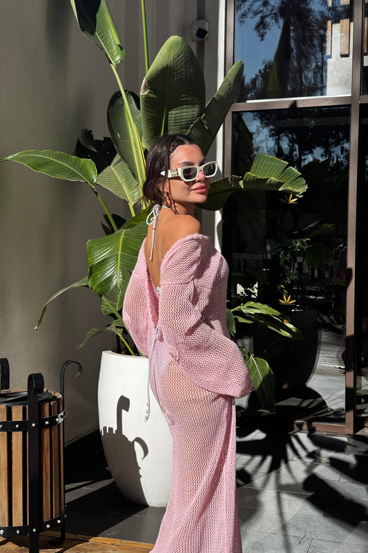 Pinko Gül Detaylı Ajurlu Plaj Elbisesi