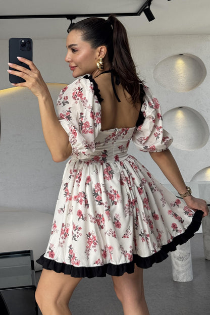 Pinku Çiçekli Tasarım Elbise