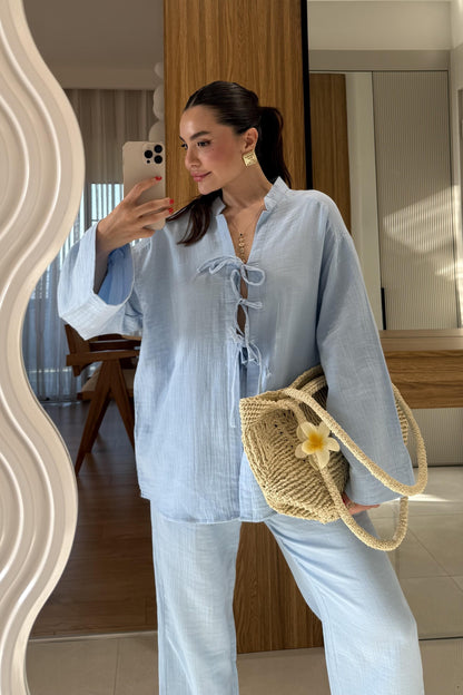 Pixre Bebe Mavi Müslin Bağlamalı Takım