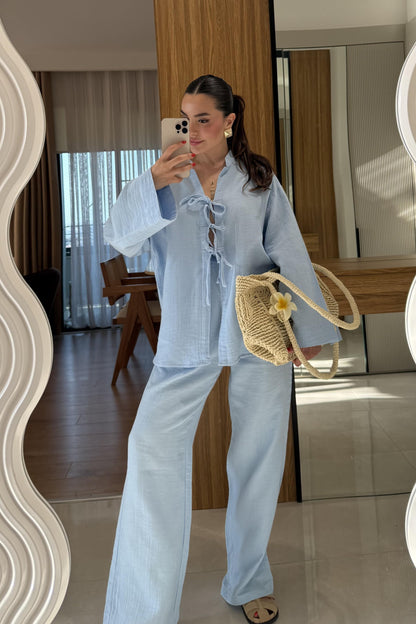 Pixre Bebe Mavi Müslin Bağlamalı Takım