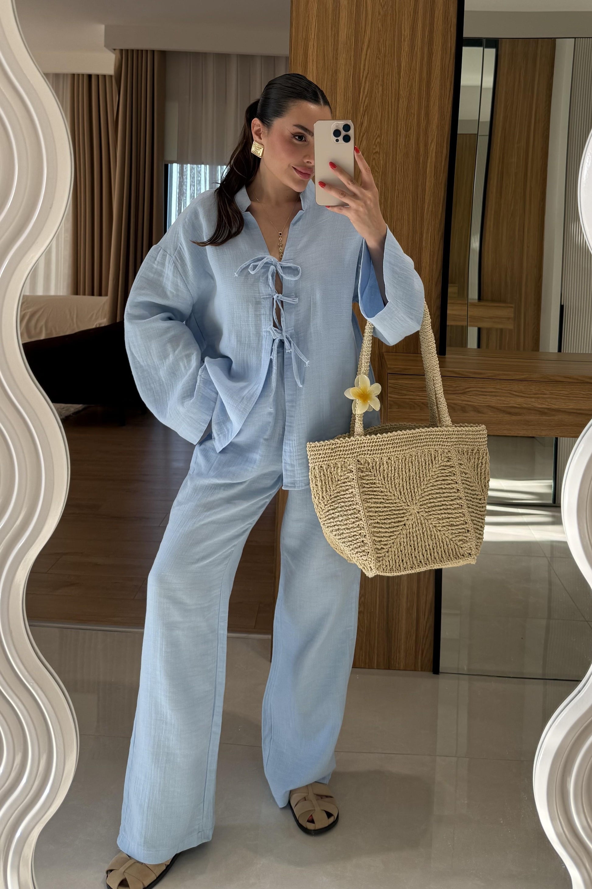 Pixre Bebe Mavi Müslin Bağlamalı Takım