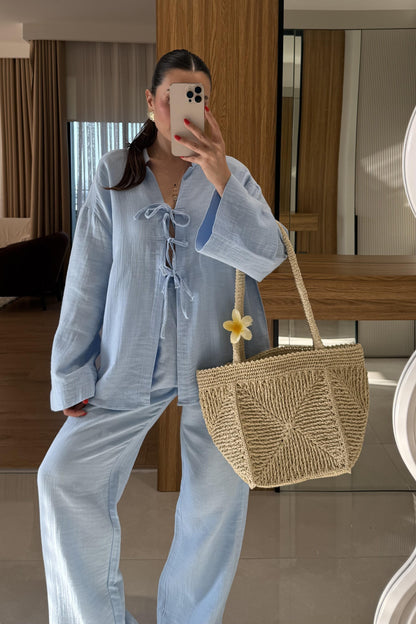 Pixre Bebe Mavi Müslin Bağlamalı Takım