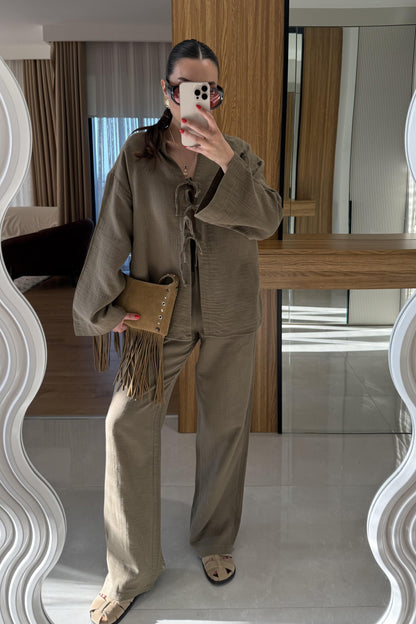 Pixre Haki Müslin Bağlamalı Takım