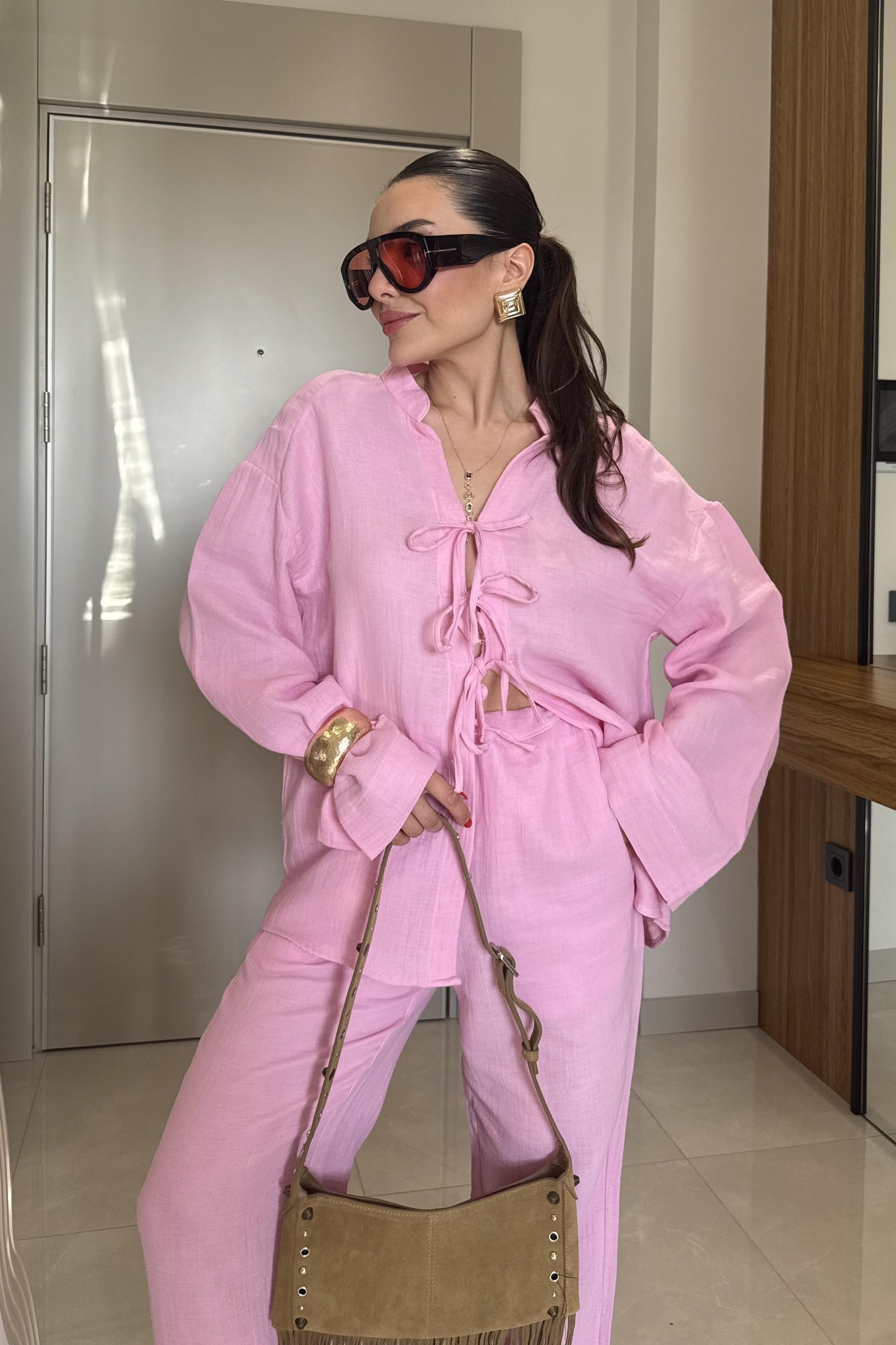 Pixre Şeker Pembe Müslin Bağlamalı Takım