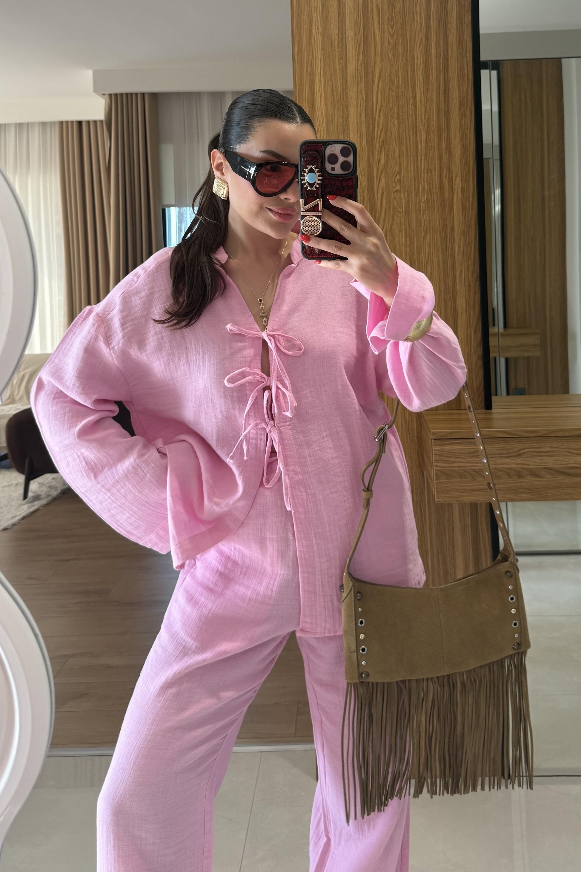 Pixre Şeker Pembe Müslin Bağlamalı Takım