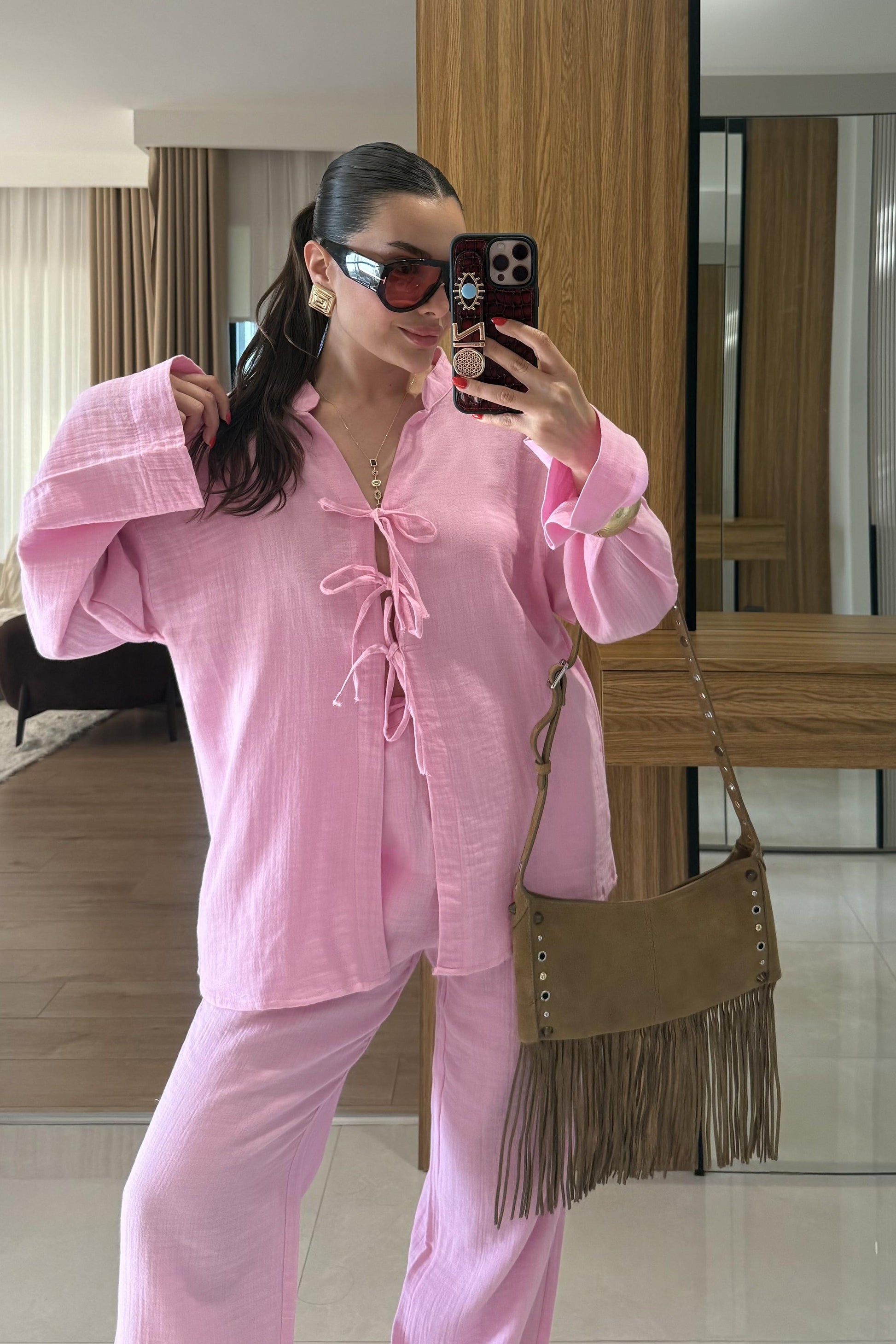 Pixre Şeker Pembe Müslin Bağlamalı Takım