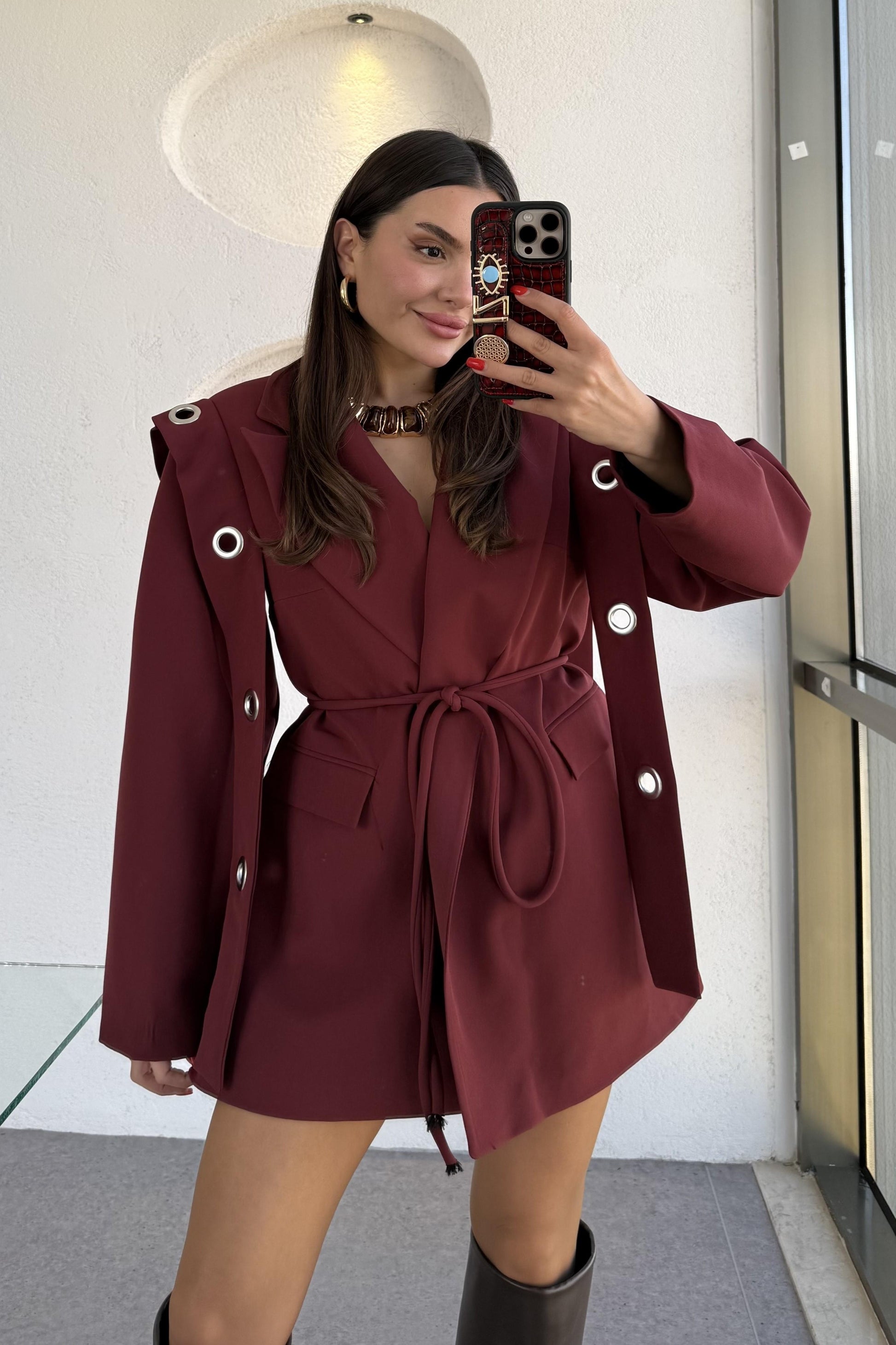 Polinya Bordo Bağlamalı Tasarım Ceket