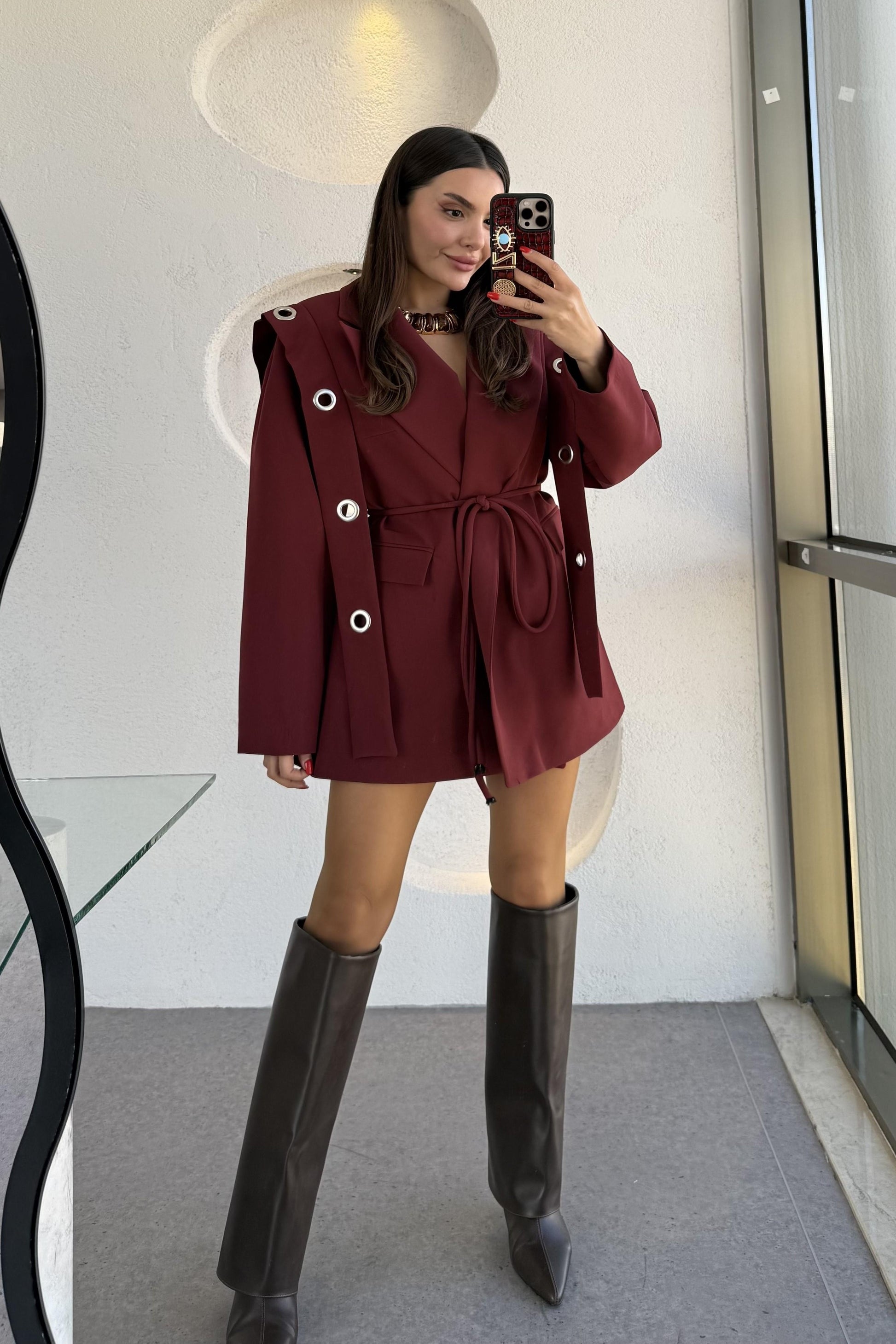 Polinya Bordo Bağlamalı Tasarım Ceket