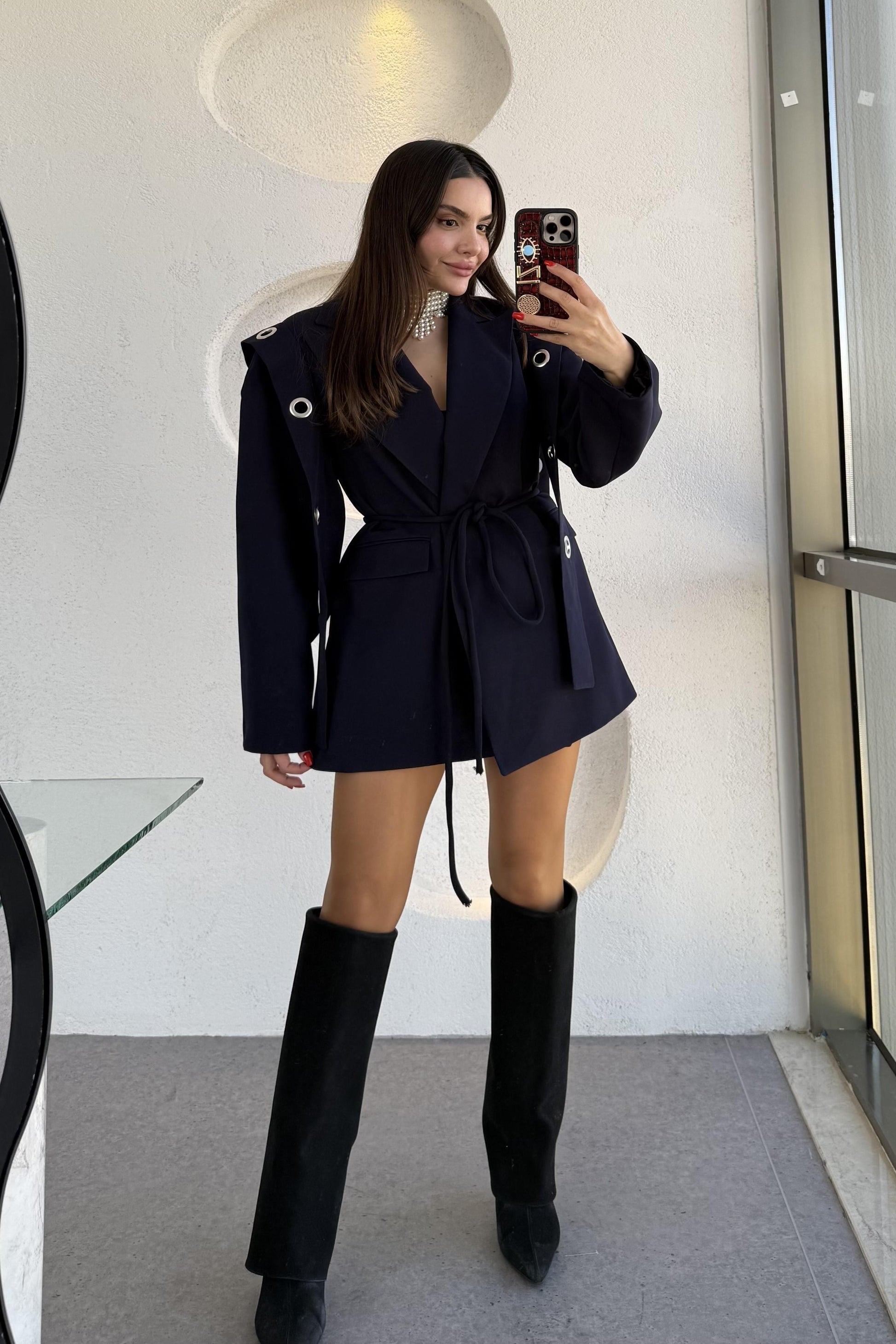 Polinya Lacivert Bağlamalı Tasarım Ceket