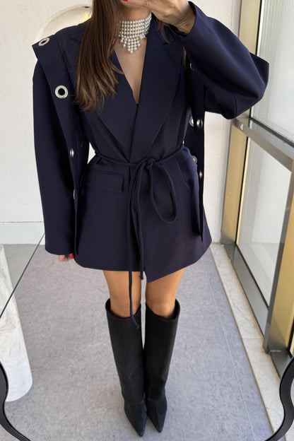 Polinya Lacivert Bağlamalı Tasarım Ceket