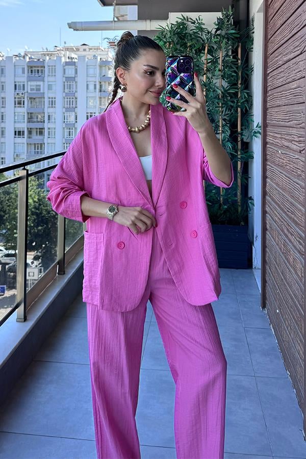 Port Şal Yaka Ceket Pantolon Takım - Pembe
