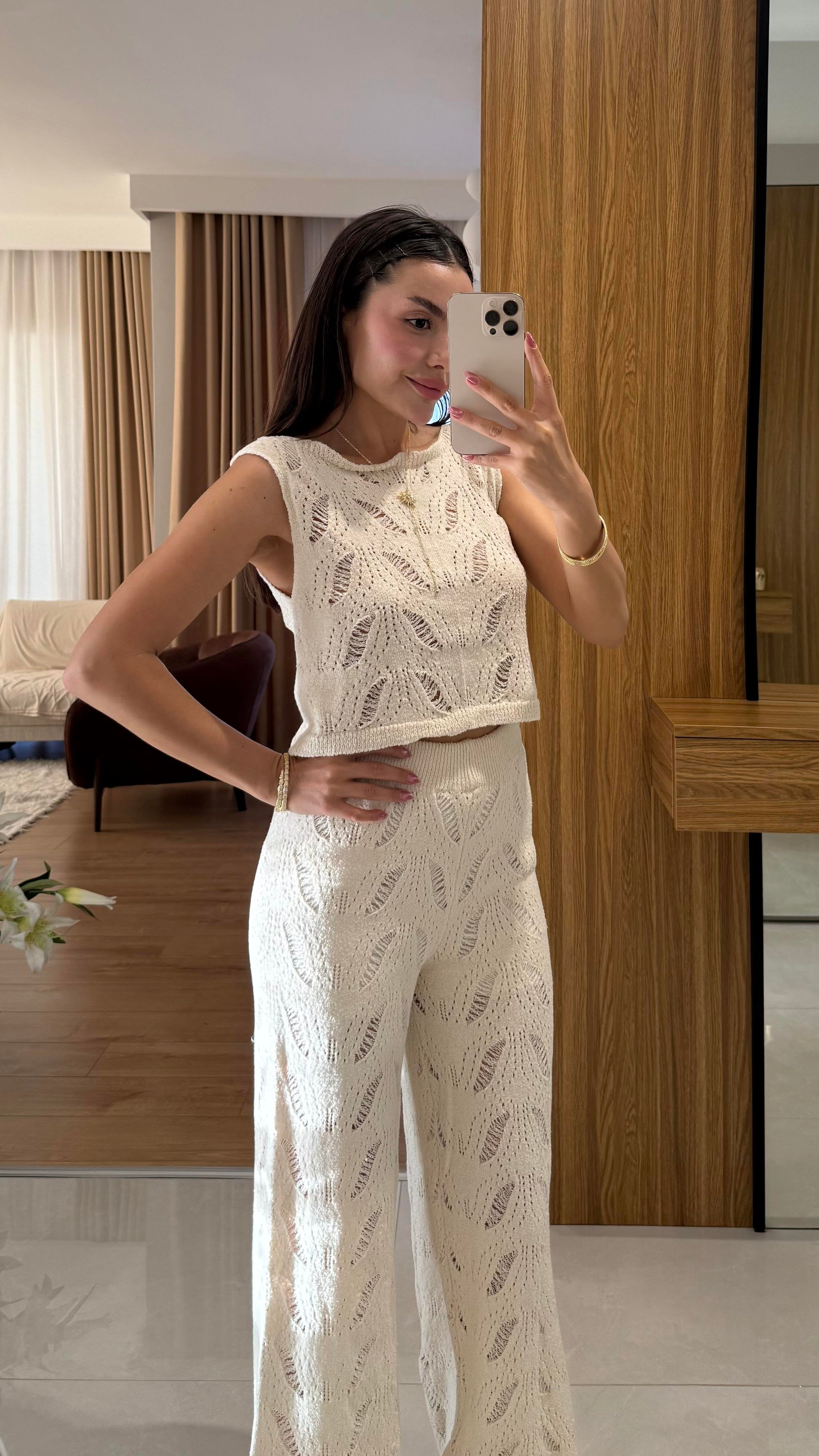 Positan Krem Ajurlu Yazlık Triko Takım