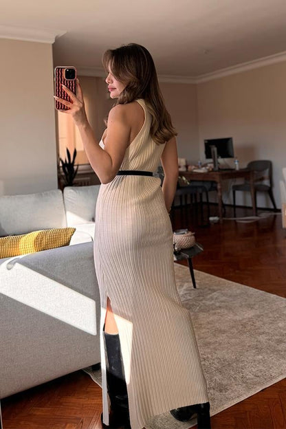 Powel Halter Yaka Triko Elbise - Krem