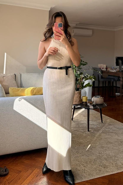 Powel Halter Yaka Triko Elbise - Krem