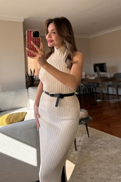 Powel Halter Yaka Triko Elbise - Krem